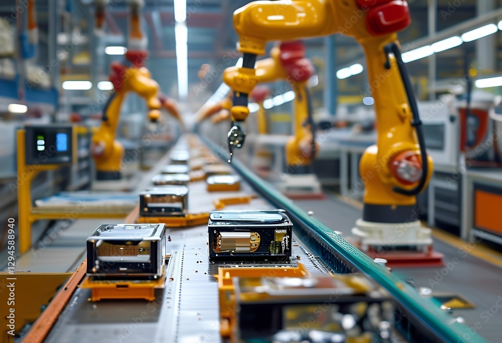 Fototapeta premium Industrial robots automate assembly line in a modern manufacturing facility in the early afternoon