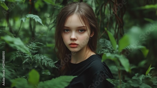 Young Woman in Natural Green Environment Surrounded by Plants