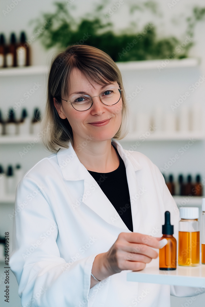 A woman in a white lab coat is holding a bottle of oil