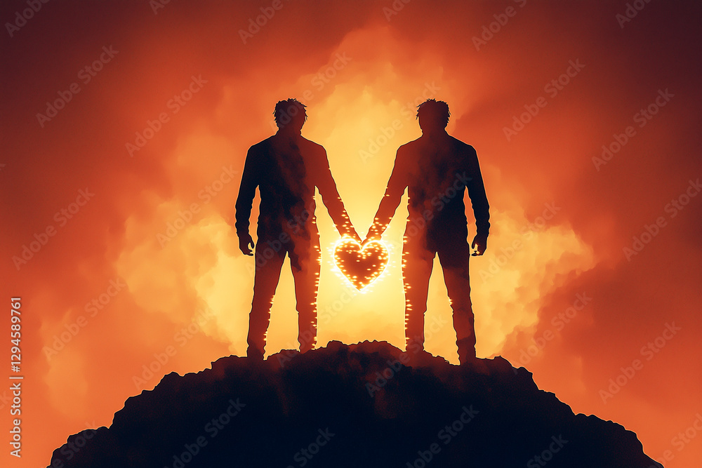 Two men holding hands in front of a fire