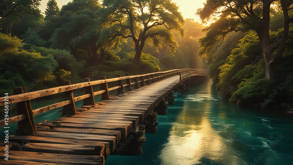 Fototapeta premium Stunning 8K Award-Winning Image of a Wooden Bridge Over a Serene River – Symbolizing Faith, Growth, and Every Step of the Journey