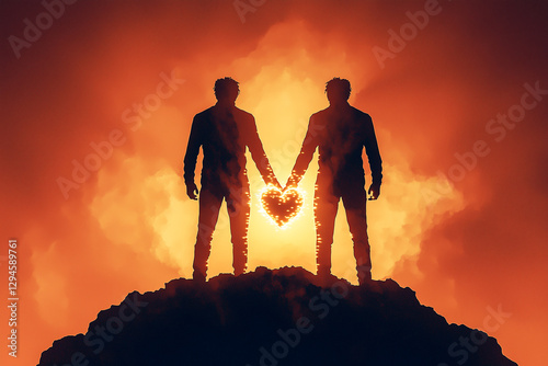 Obraz na płótnie Two men holding hands in front of a fire w salonie