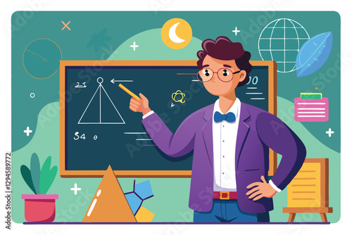A mathematician gestures at a chalkboard filled with geometric figures while teaching students, Mathematician near chalkboard,