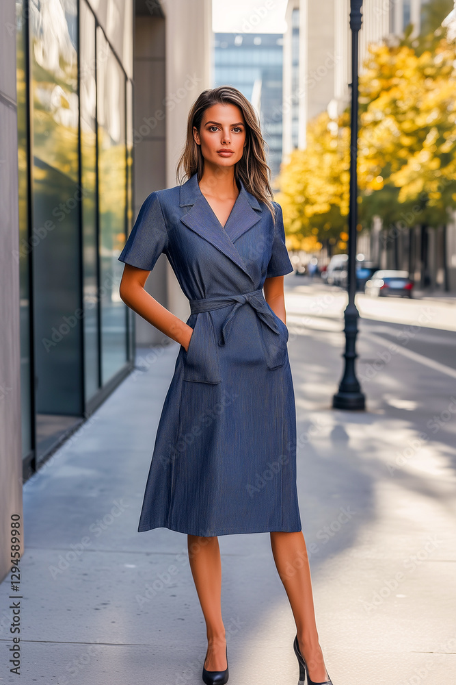 A woman in a blue dress is standing on a sidewalk in front of a building