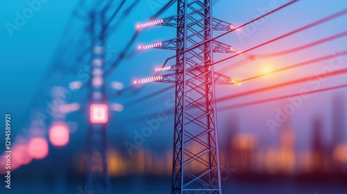 A vibrant close-up of power lines, showcasing electric towers against a gradient background with lights, emphasizing energy and technology.