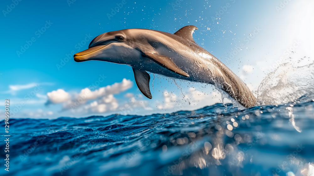 Fototapeta premium Jumping Dolphin over Ocean Waves on a Sunny Day