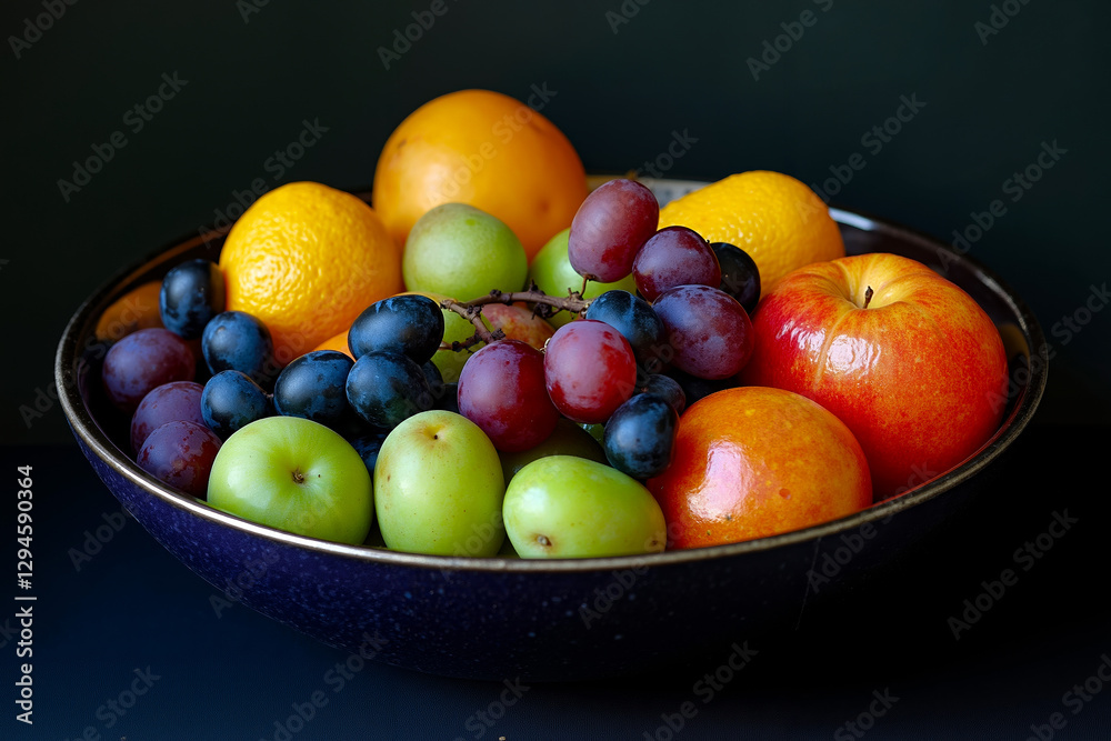 A bowl of assorted fruit on a dark blue table A bowl of assorted fruit on a dark blue table