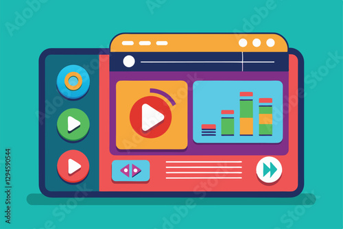 A vibrant digital media player features playback buttons and colorful charts presenting data analytics, Media player