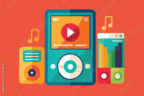 A vibrant display of customizable media players with exaggerated proportions set against a bold background, Media player Customizable Disproportionate Illustration