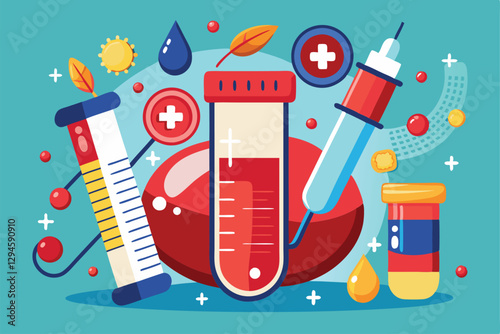 An illustration showcases assorted blood test instruments and samples, highlighting their role in medical diagnostics, Medical blood test,