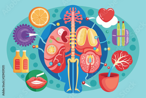 Detailed visual representation of internal organs and their structures, highlighting key functions and relationships, Medical diagram with structure of internal organs, tissues and cells,