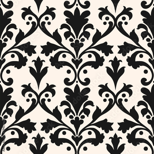 Elegant seamless pattern in baroque style. Abstract floral geometric ornament with curly elements, leaves. Black and white vector background in rococo, revival, damask style. Repeated luxury design
