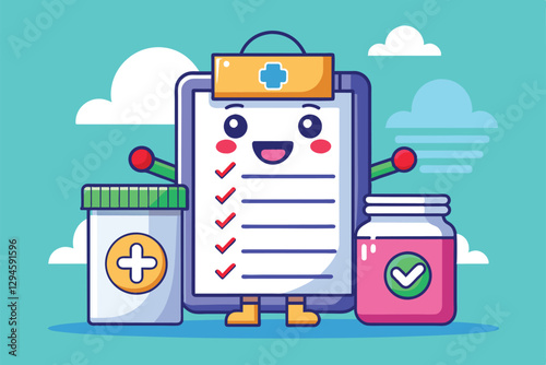 A cheerful cartoon character stands beside a prescription pad and medical containers, promoting health awareness, Medical prescription Customizable Cartoon Illustration