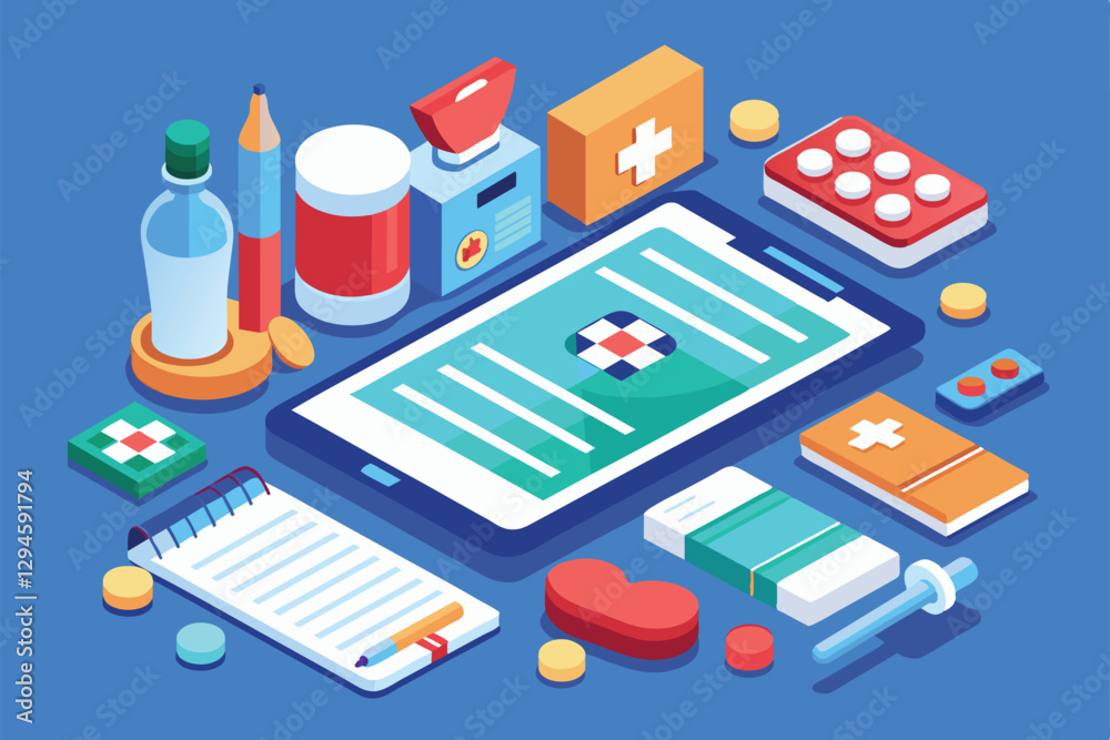 A collection of medical prescriptions, digital tablet, and medications displayed in an isometric style, Medical prescription Customizable Isometric Illustration A collection of medical prescriptions, digital tablet, and medications displayed in an isometric style, Medical prescription Customizable Isometric Illustration