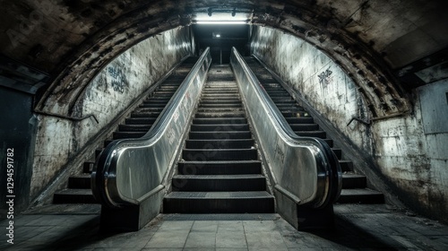 Empty dark underground passage with stairs and escalator