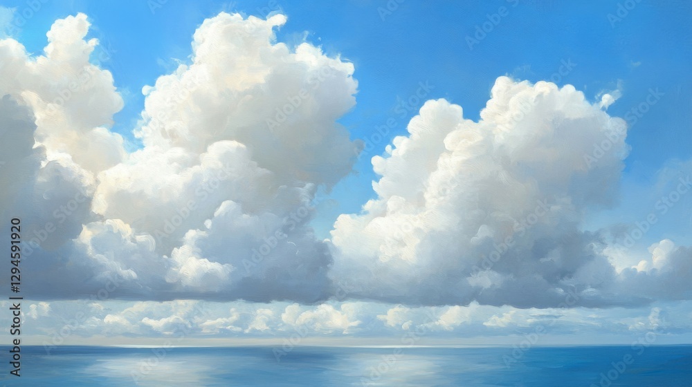 Bright Blue Sky Over Calm Ocean With Fluffy White Clouds Bright Blue Sky Over Calm Ocean With Fluffy White Clouds