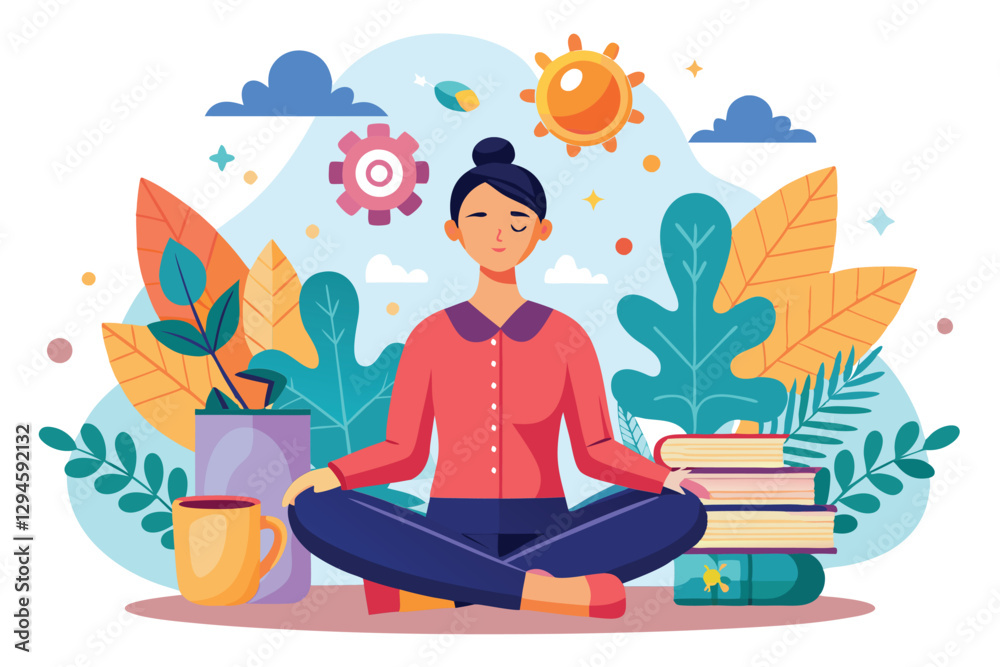 A woman sits cross-legged, meditating peacefully in a colorful, plant-filled room, Meditation and concentration, Mental health and psychology, A woman sits cross-legged, meditating peacefully in a colorful, plant-filled room, Meditation and concentration, Mental health and psychology,