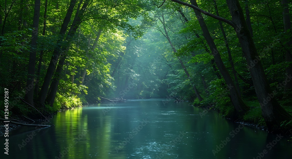 Calm River Flowing Through Forest with Green Trees and Sunlight Calm River Flowing Through Forest with Green Trees and Sunlight