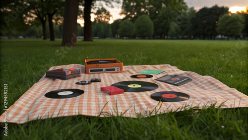 summer concerts music vibescollection of vinyl records and cassette tapes on picnic blanket in park