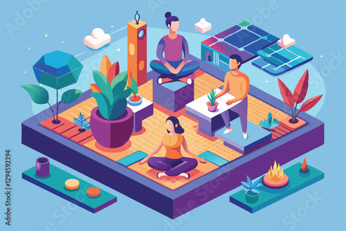 Three individuals meditate and engage with plants in a serene, isometric meditation environment, Meditation Customizable Isometric Illustration