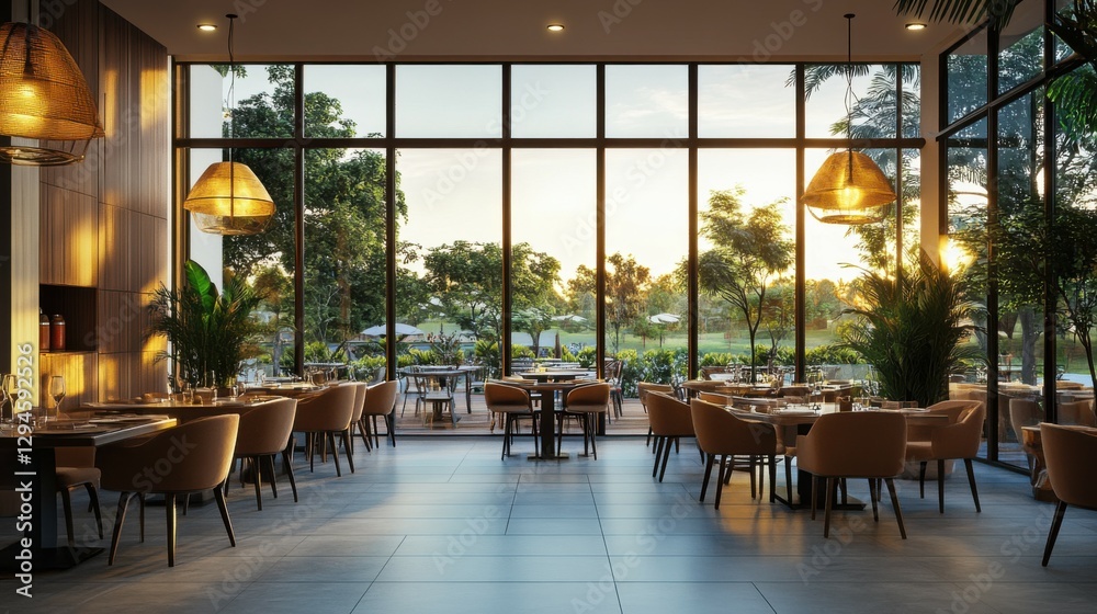 Obraz premium A beautifully lit restaurant interior with large windows showcasing a serene outdoor view, perfect for dining experiences.