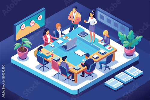 A diverse group of professionals engages in a productive meeting around a large table in a modern workspace, Meeting Customizable Isometric Illustration