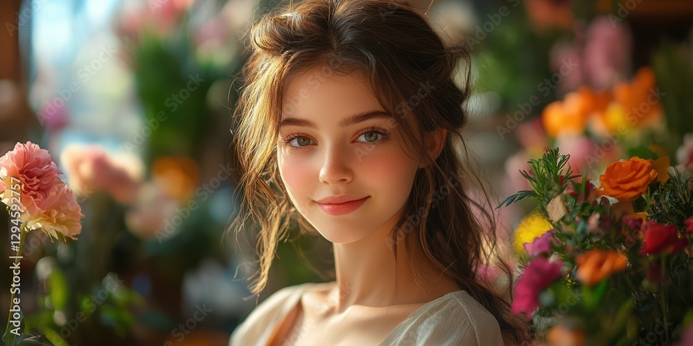 Girl surrounded by colorful flowers in a bright room filled with natural light during springtime Girl surrounded by colorful flowers in a bright room filled with natural light during springtime