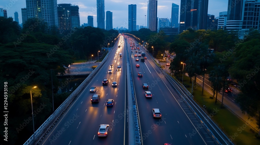 Cityscape illuminated highway traffic at dusk with modern skyscrapers Cityscape illuminated highway traffic at dusk with modern skyscrapers