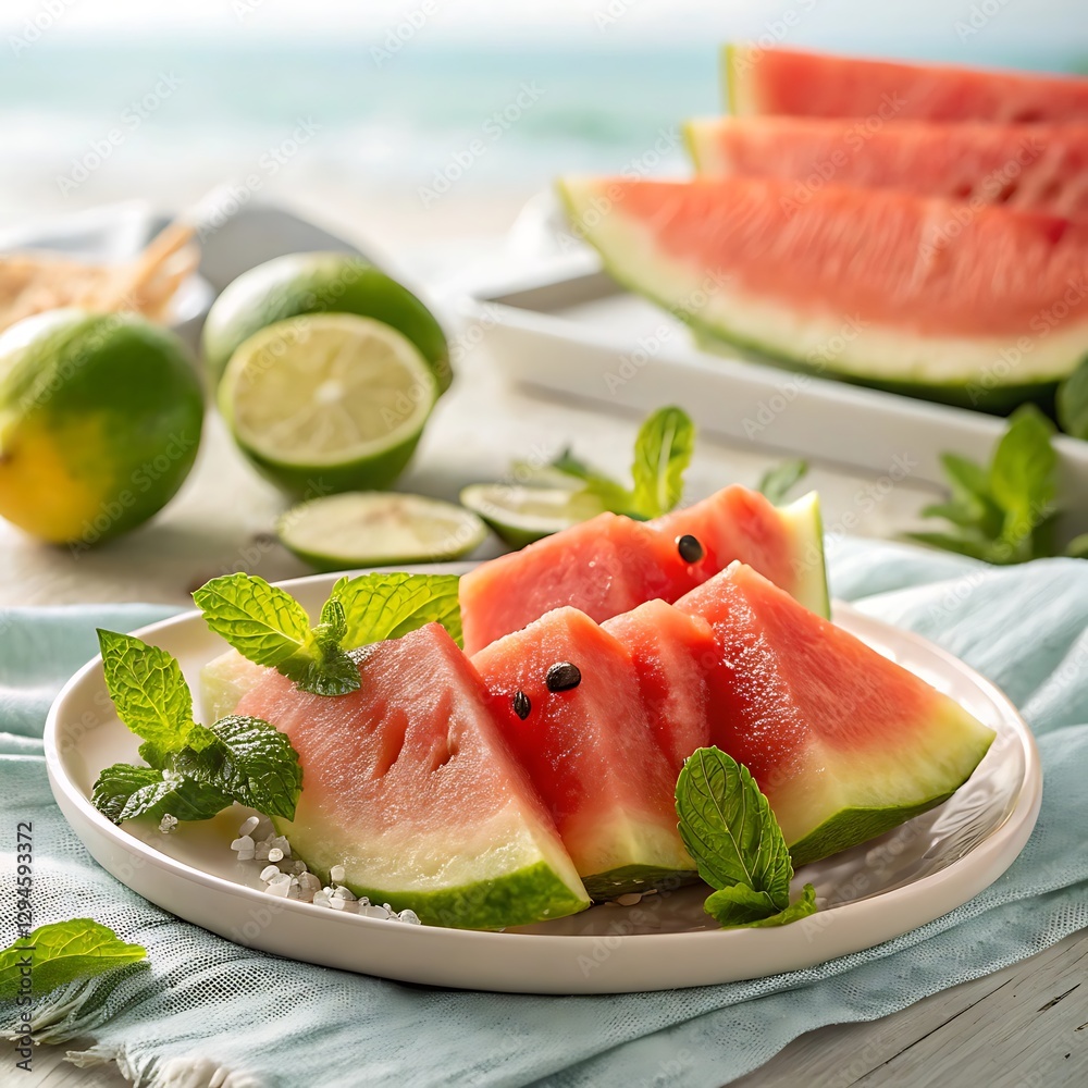 Refreshing Watermelon & Lime Summer Beach Treat Vibrant Food Photography Refreshing Watermelon & Lime Summer Beach Treat Vibrant Food Photography