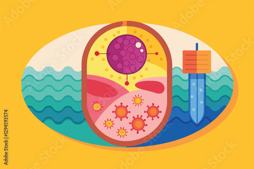 This festive illustration depicts melanoma cells and their interactions with a simple background design, Melanoma Customizable Semi Flat Illustration