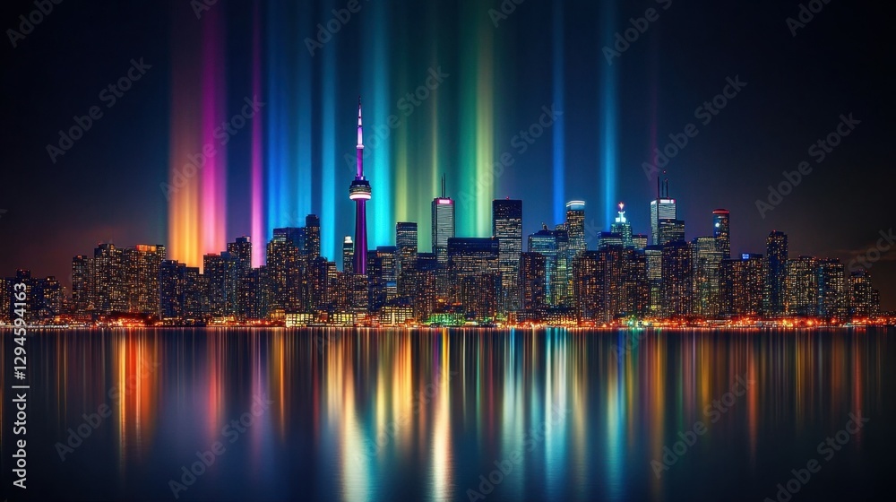 Fototapeta premium Colorful skyline with glowing light beams against a dark backdrop