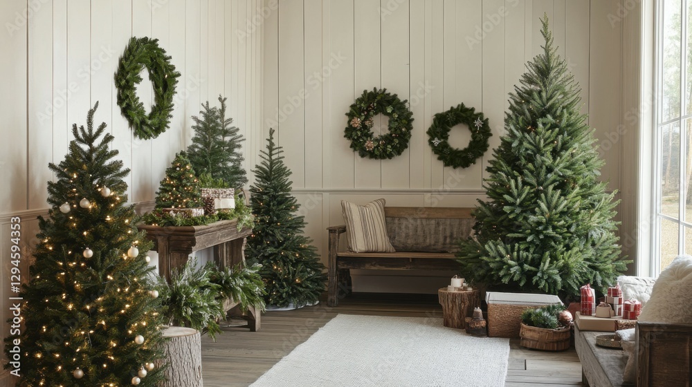 Interior of living room with Christmas trees, wreaths and wooden bench Interior of living room with Christmas trees, wreaths and wooden bench