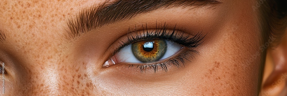 Naklejka premium Close Up of Freckled Eye with Brown Eyebrow - A detailed close-up of a woman's eye, showcasing freckles, a defined eyebrow, and long eyelashes