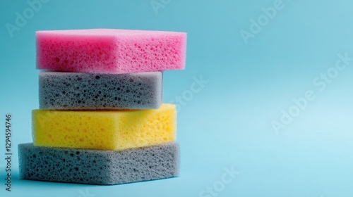colorful sponges stacked on a light blue background, showcasing vibrant pink, yellow, and gray colors perfect for cleaning or kitchen supplies images