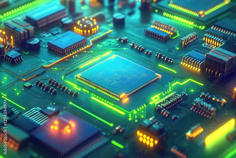 Close-up of a circuit board showcasing a central processing unit and various integrated circuits. Close-up of a circuit board showcasing a central processing unit and various integrated circuits.