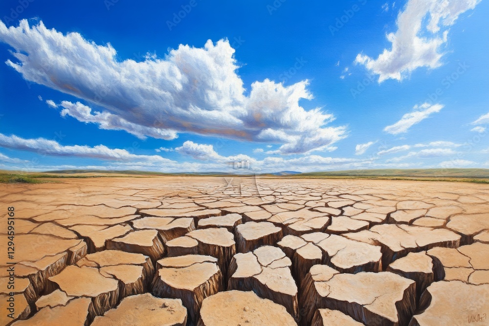 Fototapeta premium Cracked Earth Under a Blue Sky - A stark of cracked earth symbolizing drought, desertification, climate change, aridity, and environmental fragility