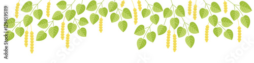 Cute horizontal banner with branch, leaves and hand drawn blooming flowers.