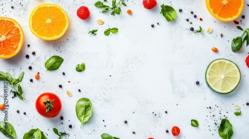 Healthy food background on white. Long banner format.