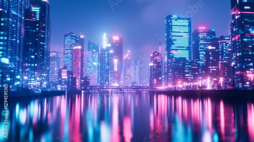 Vibrant city skyline glows with neon lights reflected in tranquil water, depicting a futuristic urban nightscape alive with color and energy. photo