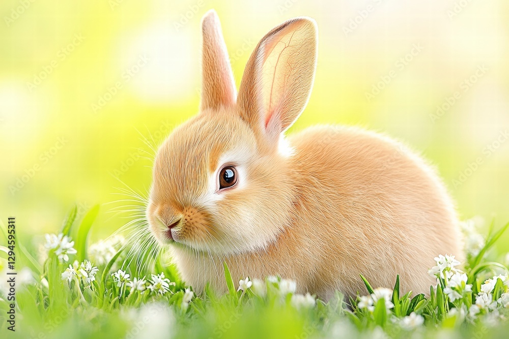 Fototapeta premium Cute fluffy rabbit sitting in green grass surrounded by small white flowers during a sunny day in springtime
