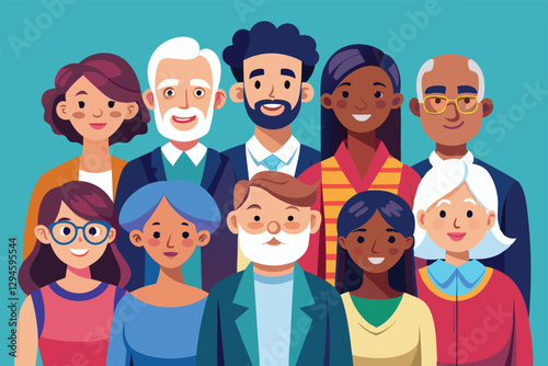 A lively gathering of men and women from various generations, all smiling and connecting warmly together, Men and women of different generations,