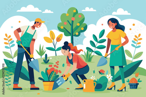 Three individuals are watering plants and collecting litter in a vibrant community garden in sunlight, Men and women watering plants and picking up trash