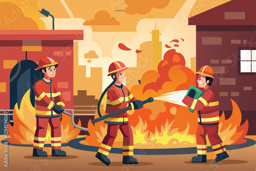 Firefighters work diligently to extinguish a large fire in an urban area, showcasing teamwork and bravery, Men in firefighter uniforms extinguish fire in building,