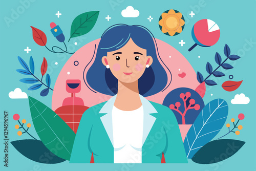 A woman stands confidently amidst a creative backdrop representing menopause through symbols and nature, Menopause Customizable Semi Flat Illustration