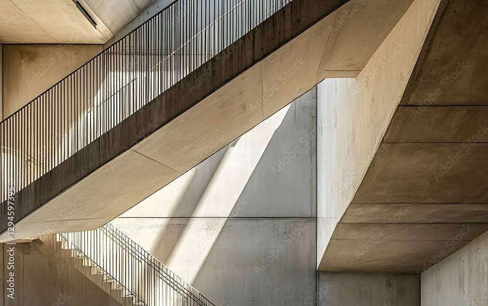 Fototapeta premium Architectural geometry, Concrete staircase with metal railing and natural light