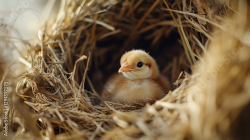 Adorable chick resting in a cozy nest made of straw