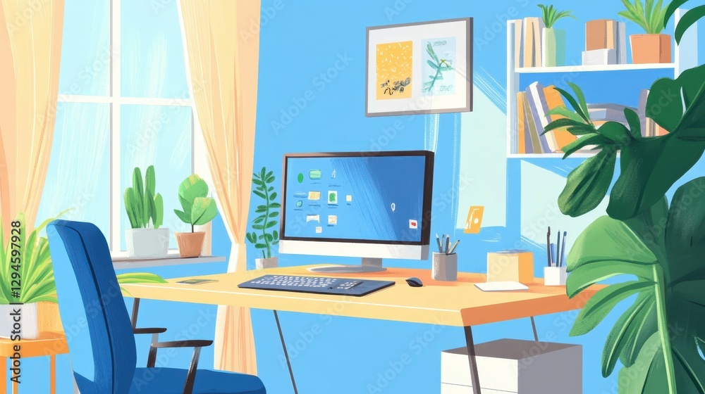 Fototapeta premium Cozy home office setup with a desk, computer, and plant, emphasizing remote work and comfort