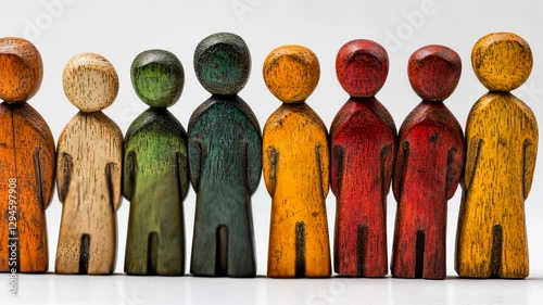 Wooden figurines of diverse shapes and sizes representing a group of people, standing on a white background. Concept of community, diversity, and inclusion.