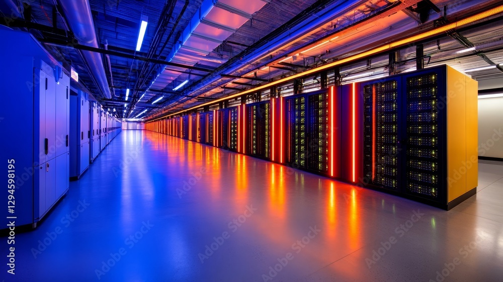 Fototapeta premium Modern Data Center Server Room - Sleek, brightly lit server room with rows of powerful servers, showcasing advanced technology and data processing capabilities
