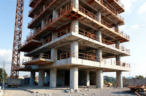 Under construction high-rise building framework with industrial cranes and metal scaffolding